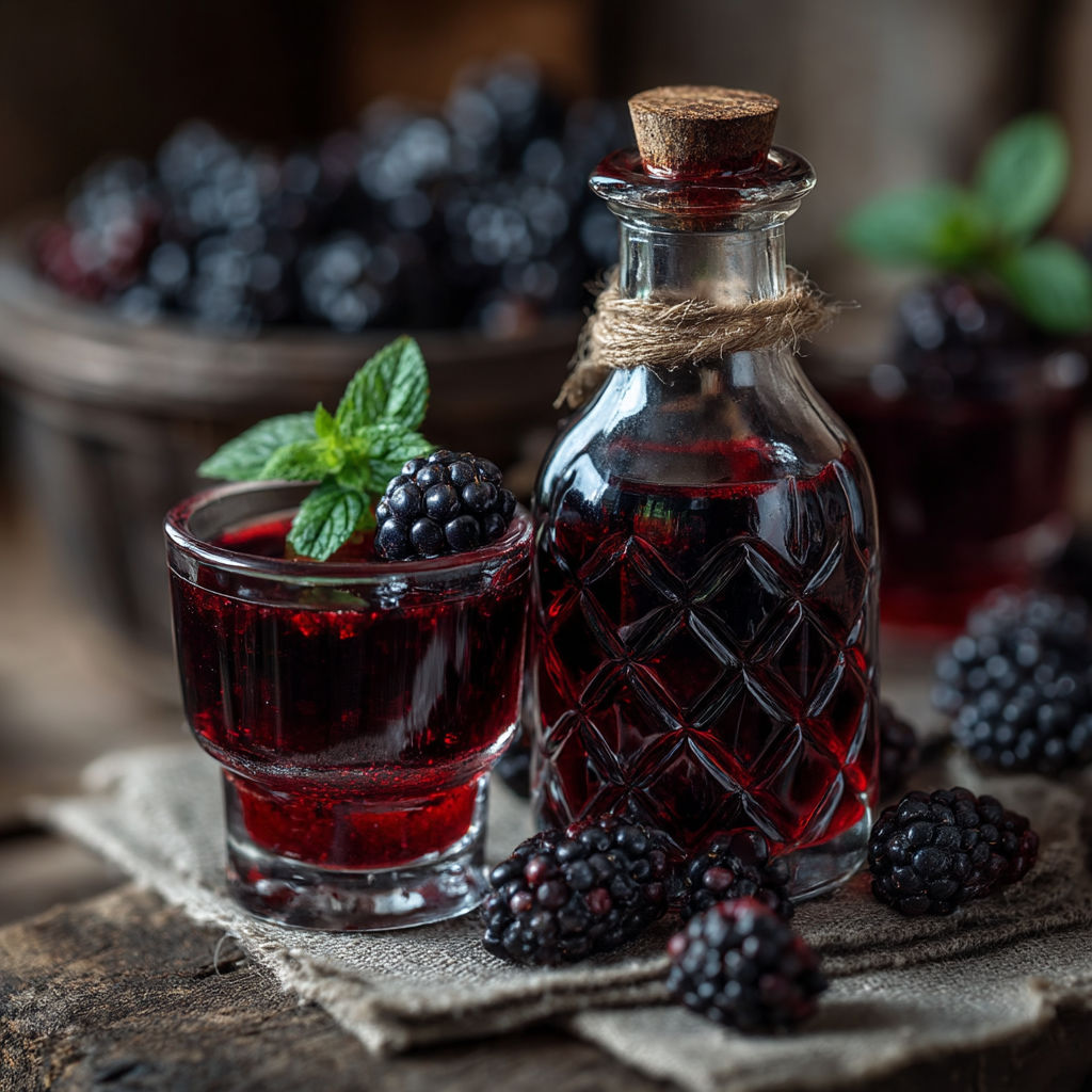 Une bouteille de crème de mûres maison.