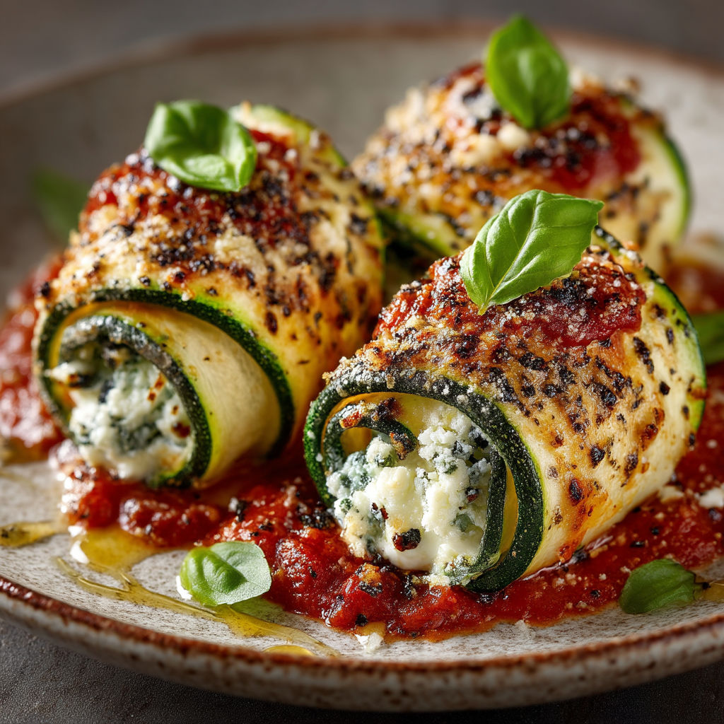 Zucchini rolls with blue cheese and tomato sauce.