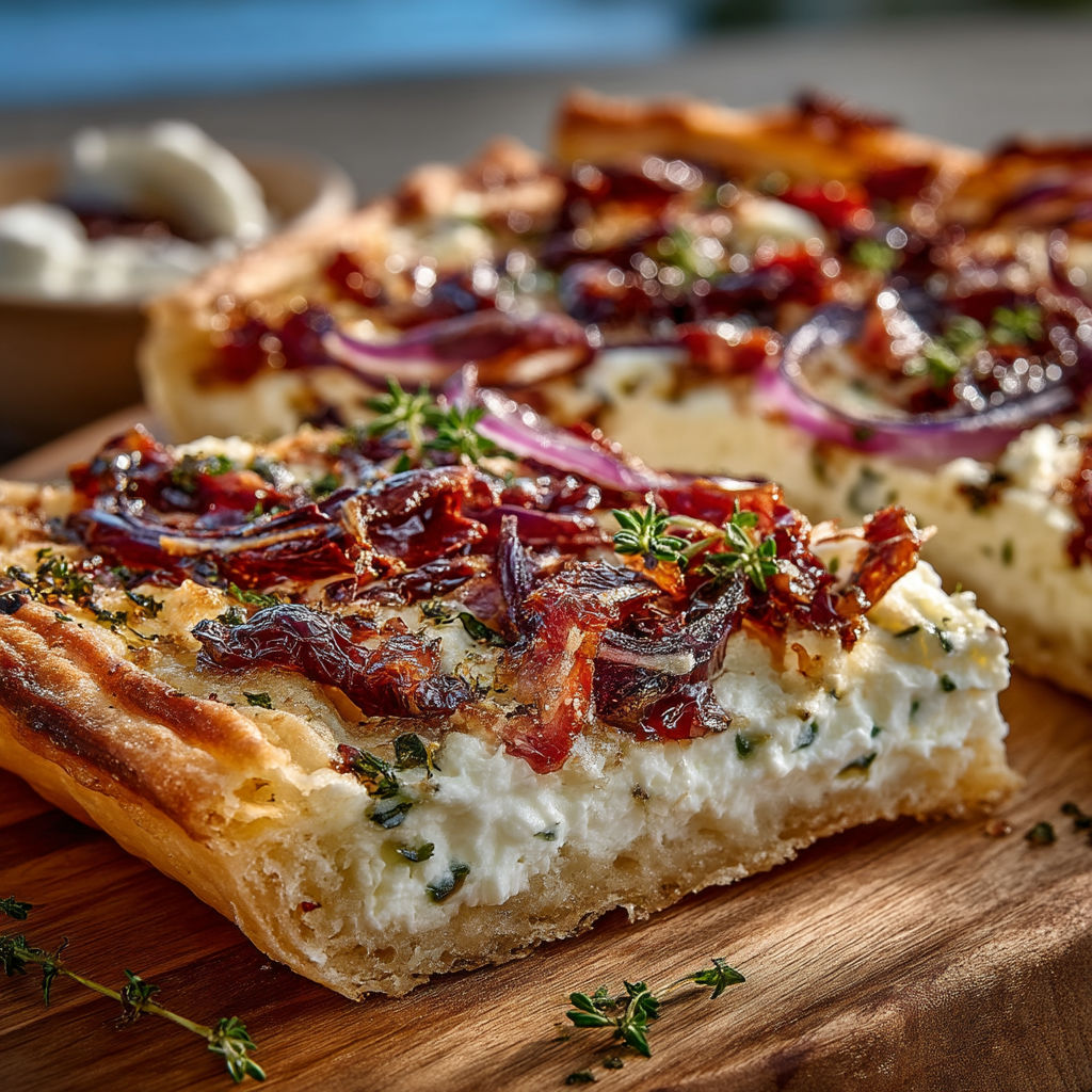 Une pizza avec des légumes et du bacon.