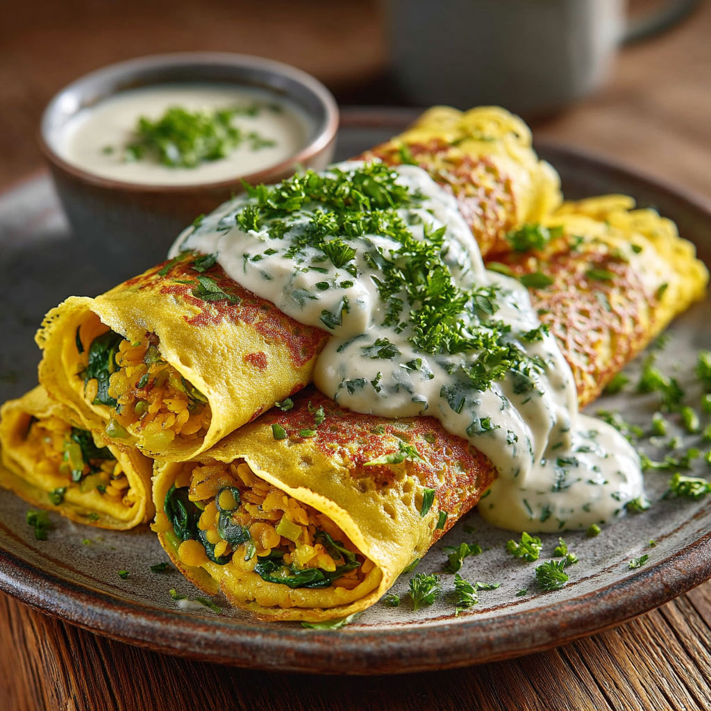 Une assiette de pancakes au fromage et aux herbes.
