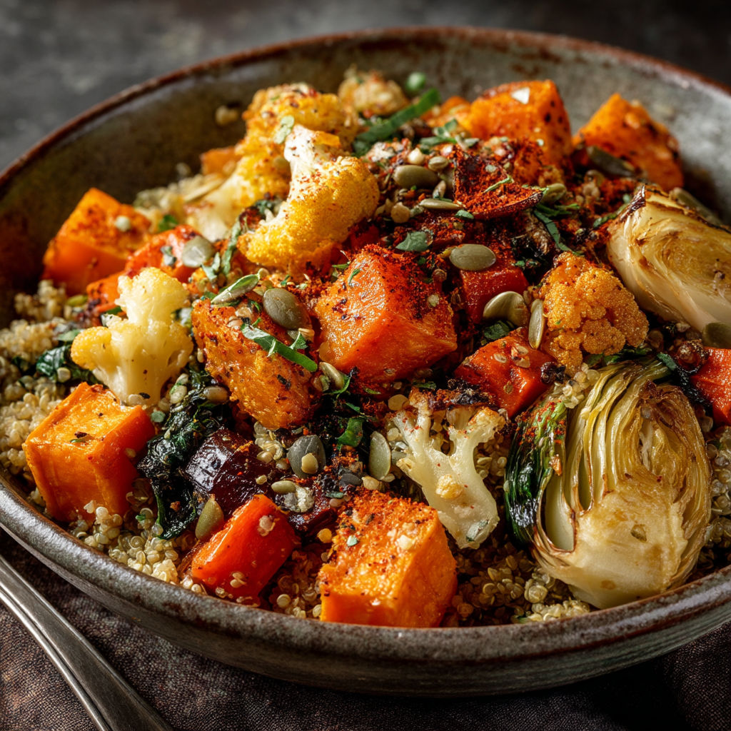 Une assiette de légumes et graines.