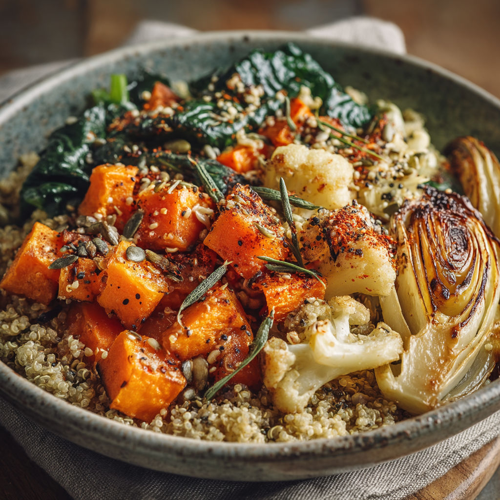 Une assiette de légumes et graines, y compris des carottes, des brocolis et des épinards.