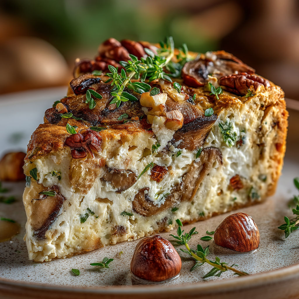 Une tranche de gâteau aux champignons, poireau et chèvre.