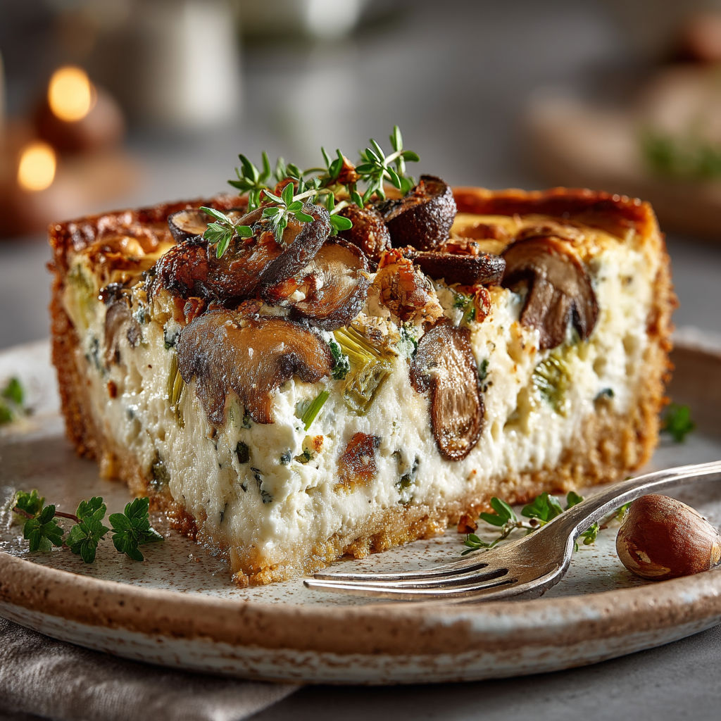 Une tarte aux champignons sur un plateau.