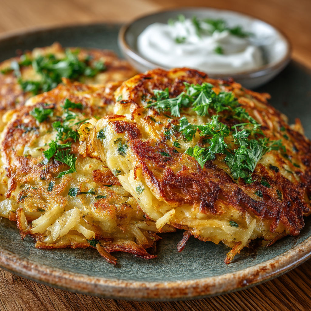 Une assiette de pâtes frites avec des herbes et une sauce.