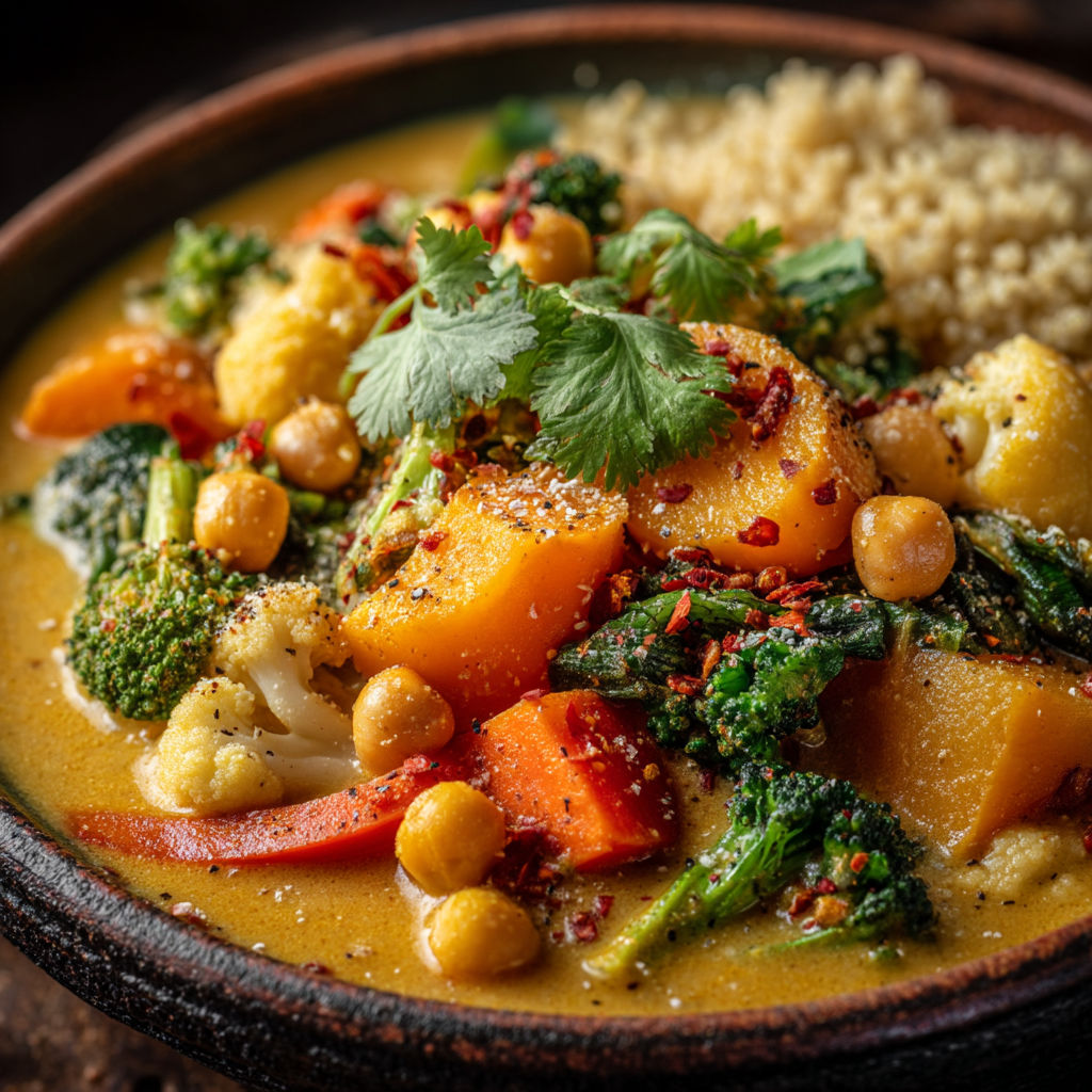Une soupe de légumes et graines, avec des carottes, des brocolis, des haricots, des épinards, des noix, des graines de courge et des herbes.