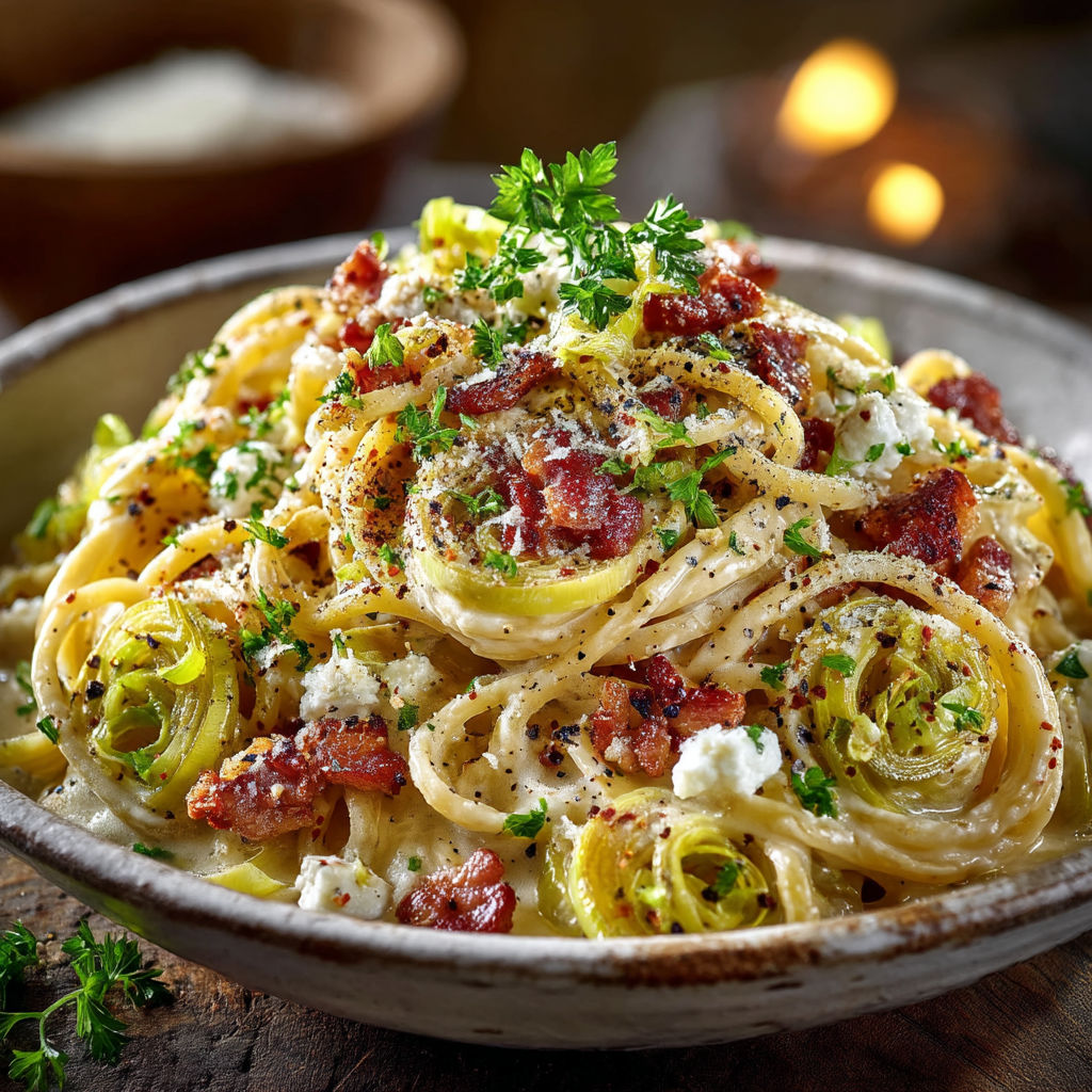 Une assiette de spaghetti avec des légumes verts et des herbes.