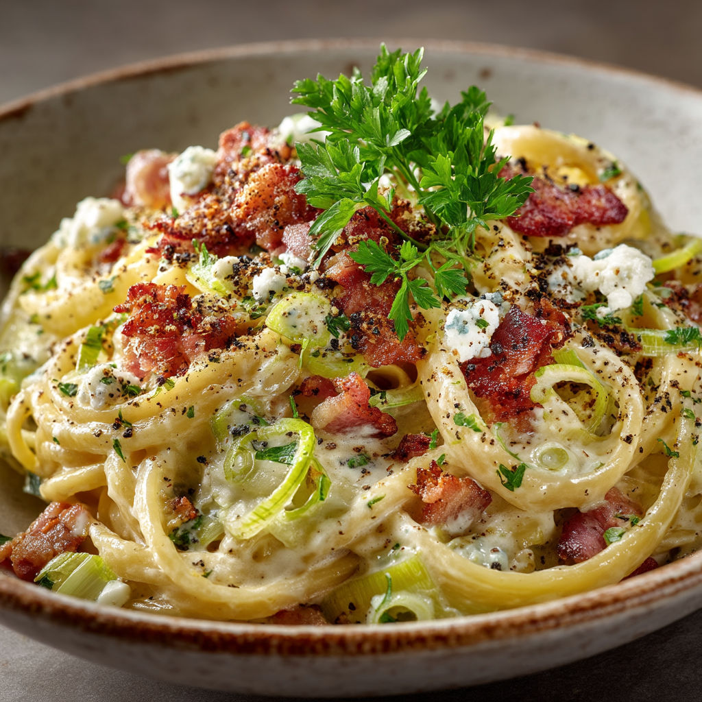 Une assiette de spaghetti avec des légumes verts et des bacon.