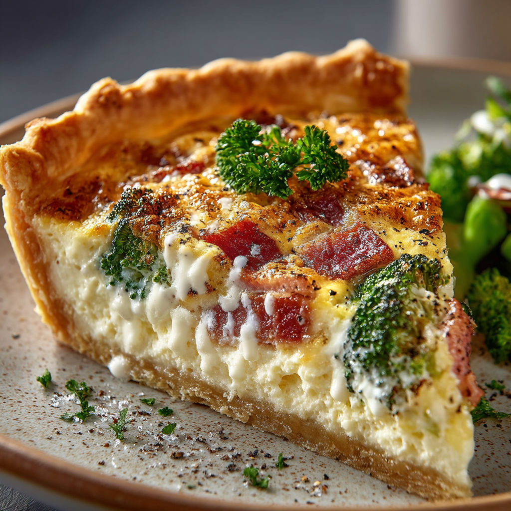 Une quiche aux lardons, camembert et brocolis.