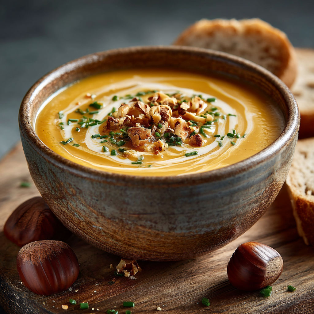 Une assiette de soupes chaude avec des noix et des herbes.