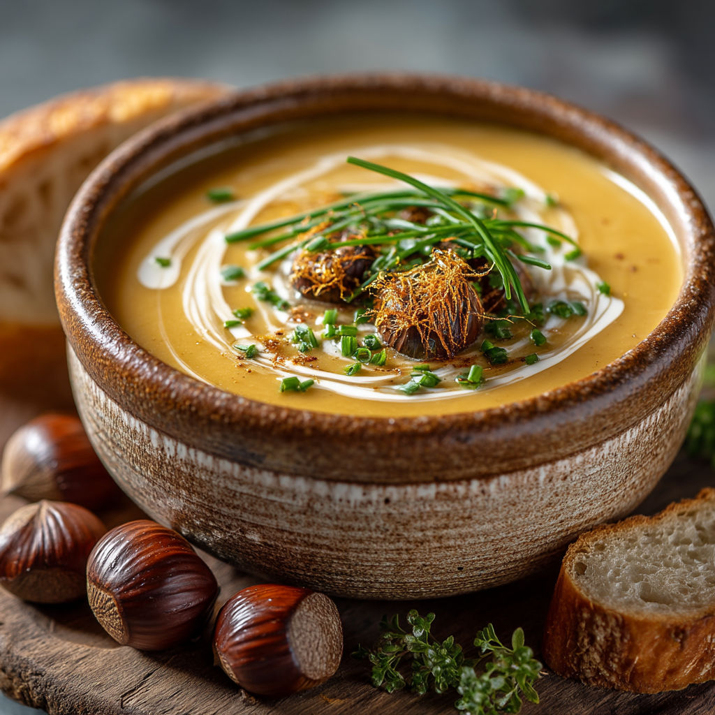Une tasse de soupes avec des herbes et des noix.