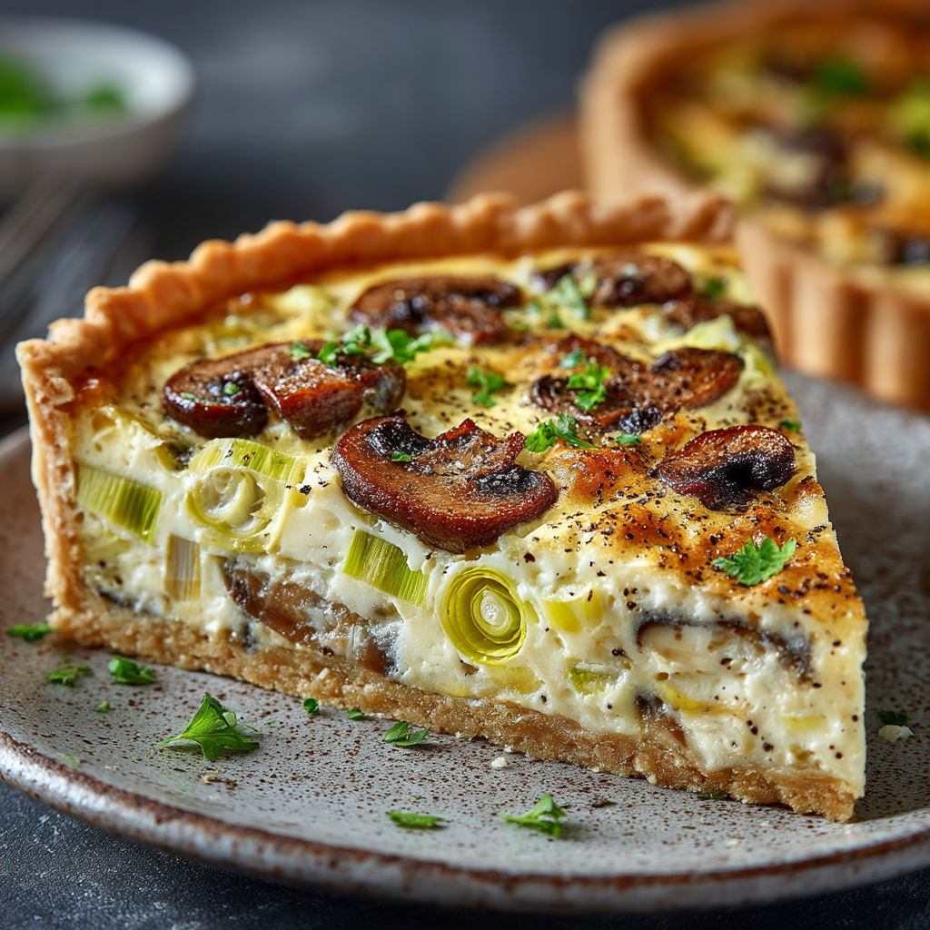 Une quiche aux poireaux et champignons est servie sur un plateau.