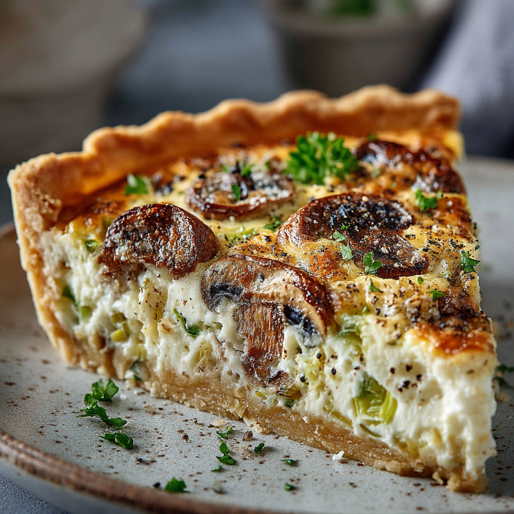 Une tarte aux pommes avec des herbes et des champignons.