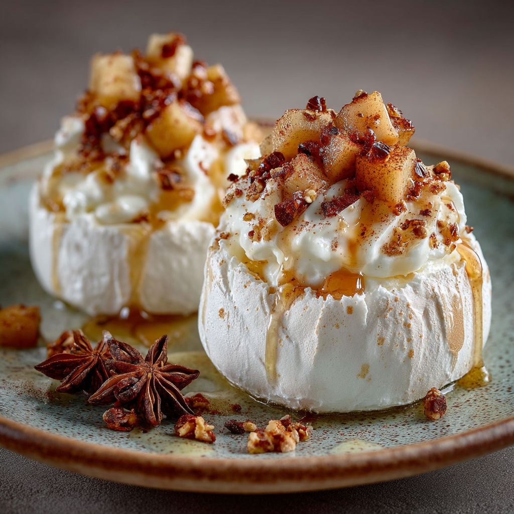 Mini Pavlova aux pommes et poires confites.