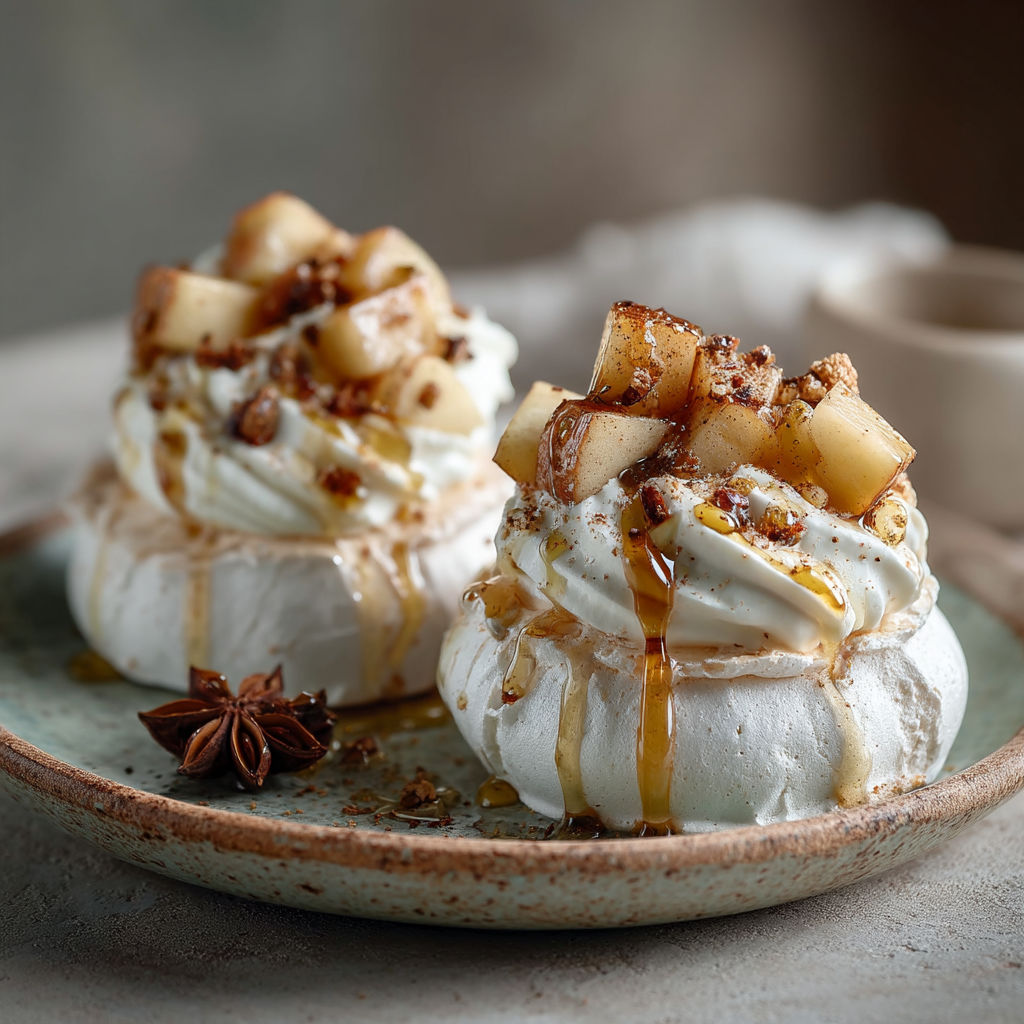 Desserts with sauce and nuts.