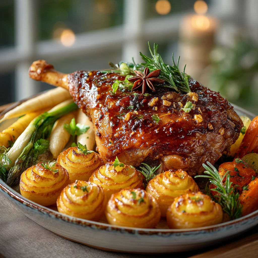 Une cuisse de dinde rôtie avec des légumes et des épices.