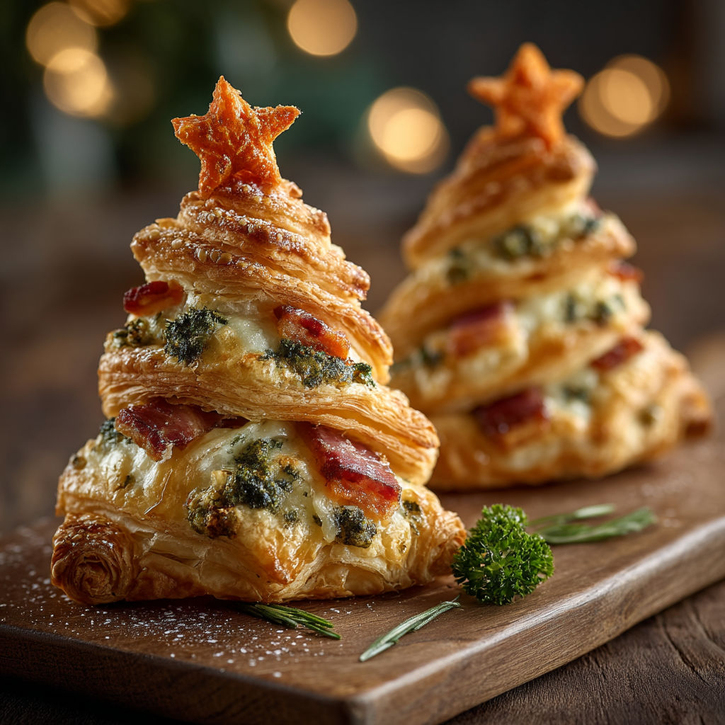 Des croissants en forme de sapin avec des baies de cranberry.