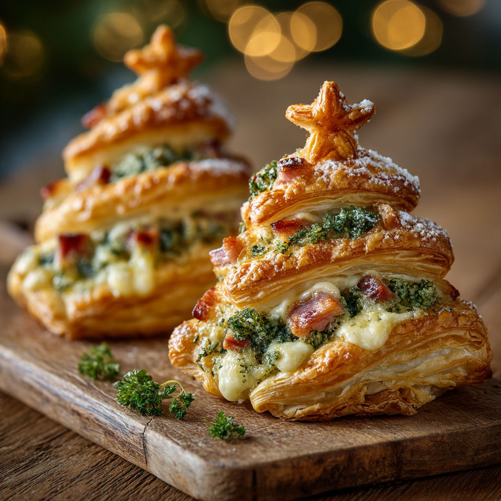 Des crêpes en forme de sapin avec des garnitures vertes.