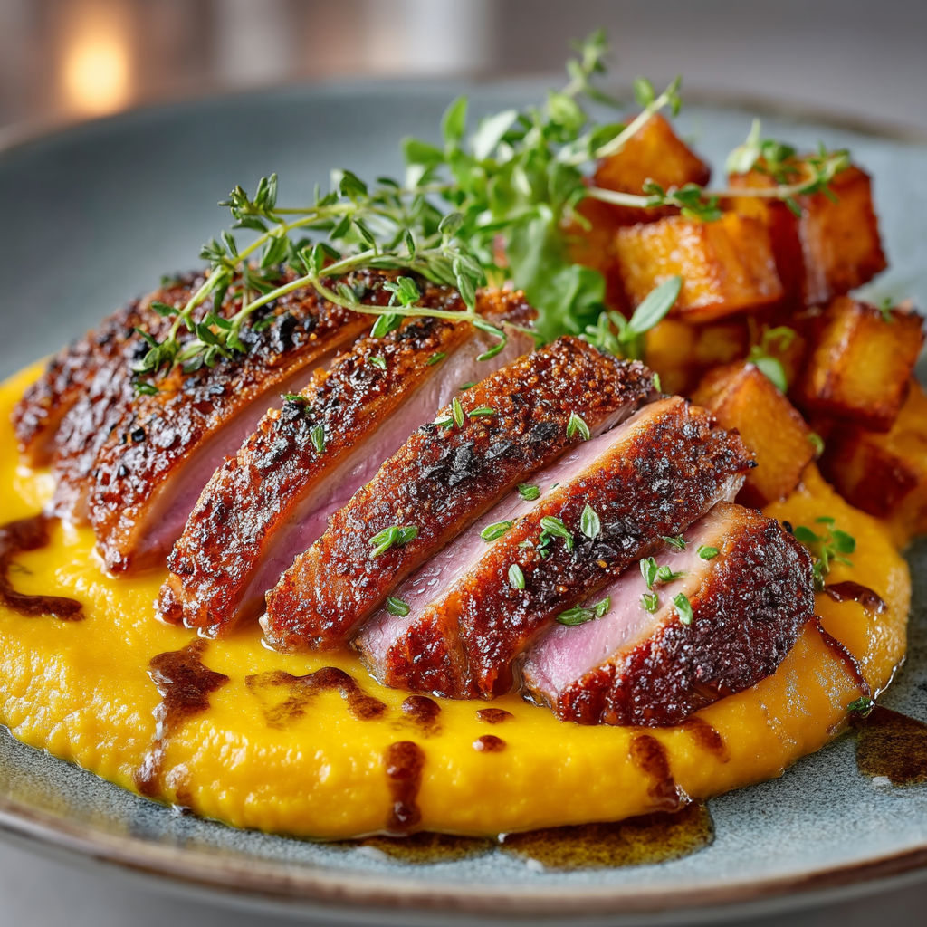 Magret de canard basse température, purée de potimarron et panais au miel et à l'orange.