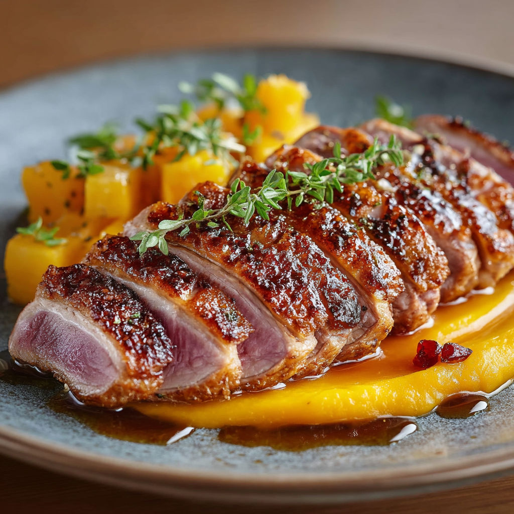 Magret de canard basse température, purée de potimarron et panais au miel et à l'orange.