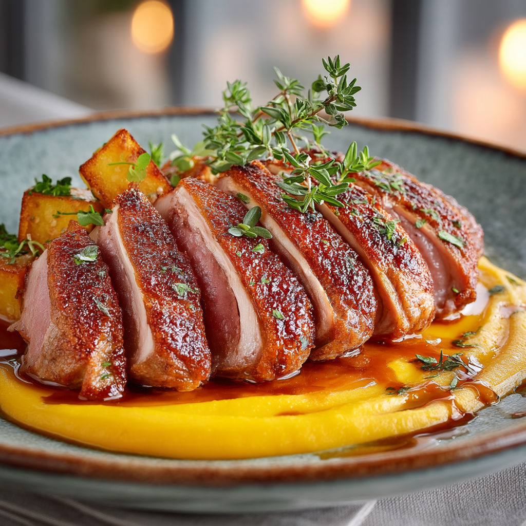 Magret de canard basse température, purée de potimarron et panais au miel et à l'orange.