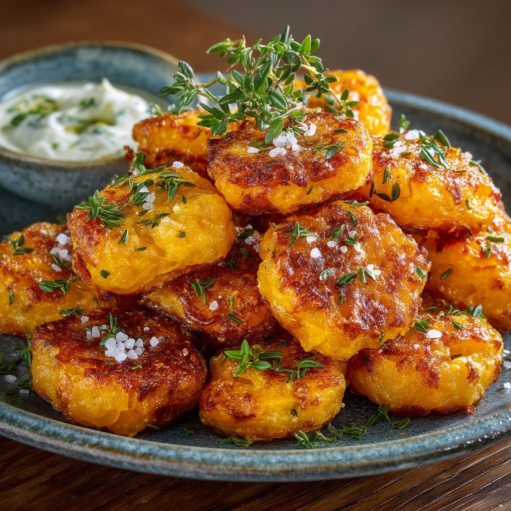 Une assiette de frites avec une sauce et des herbes.