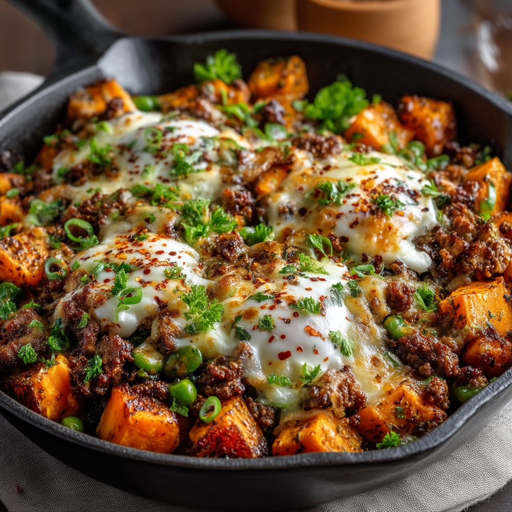 Poêlée de patates douces et viande hachée au fromage.