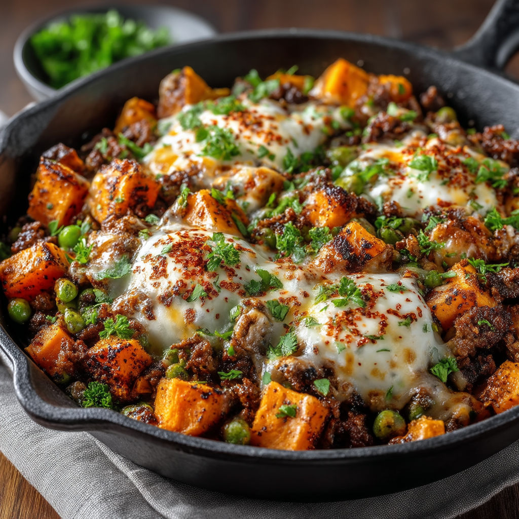 Une casserole de viande avec des légumes et des fromages.
