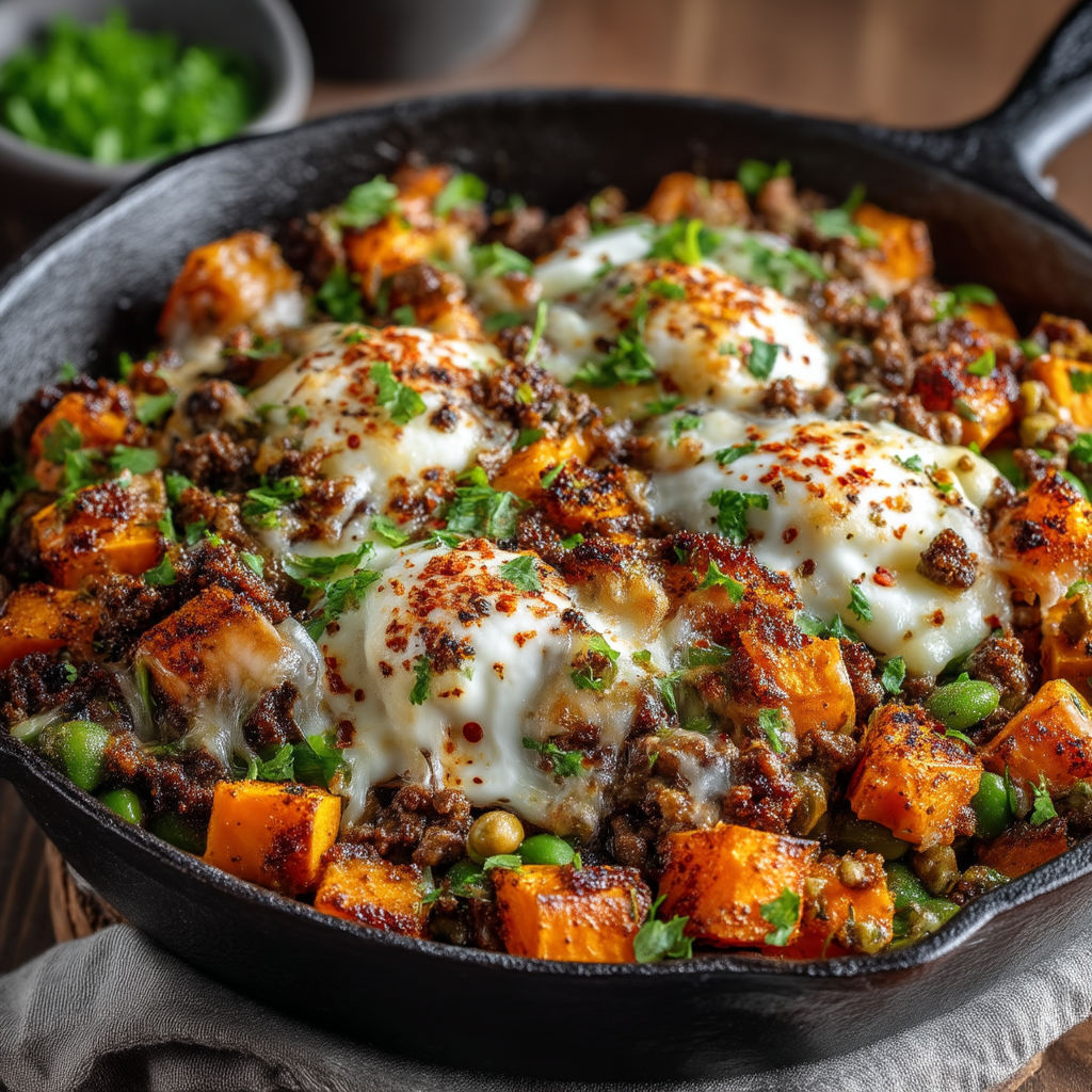 Une casserole de viande avec des légumes et des fromages.