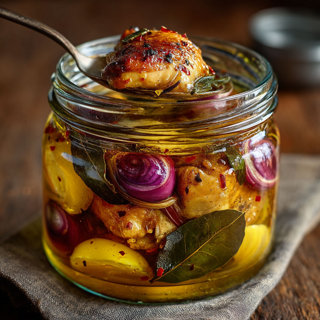 Une jarre contenant des poulets et des légumes.