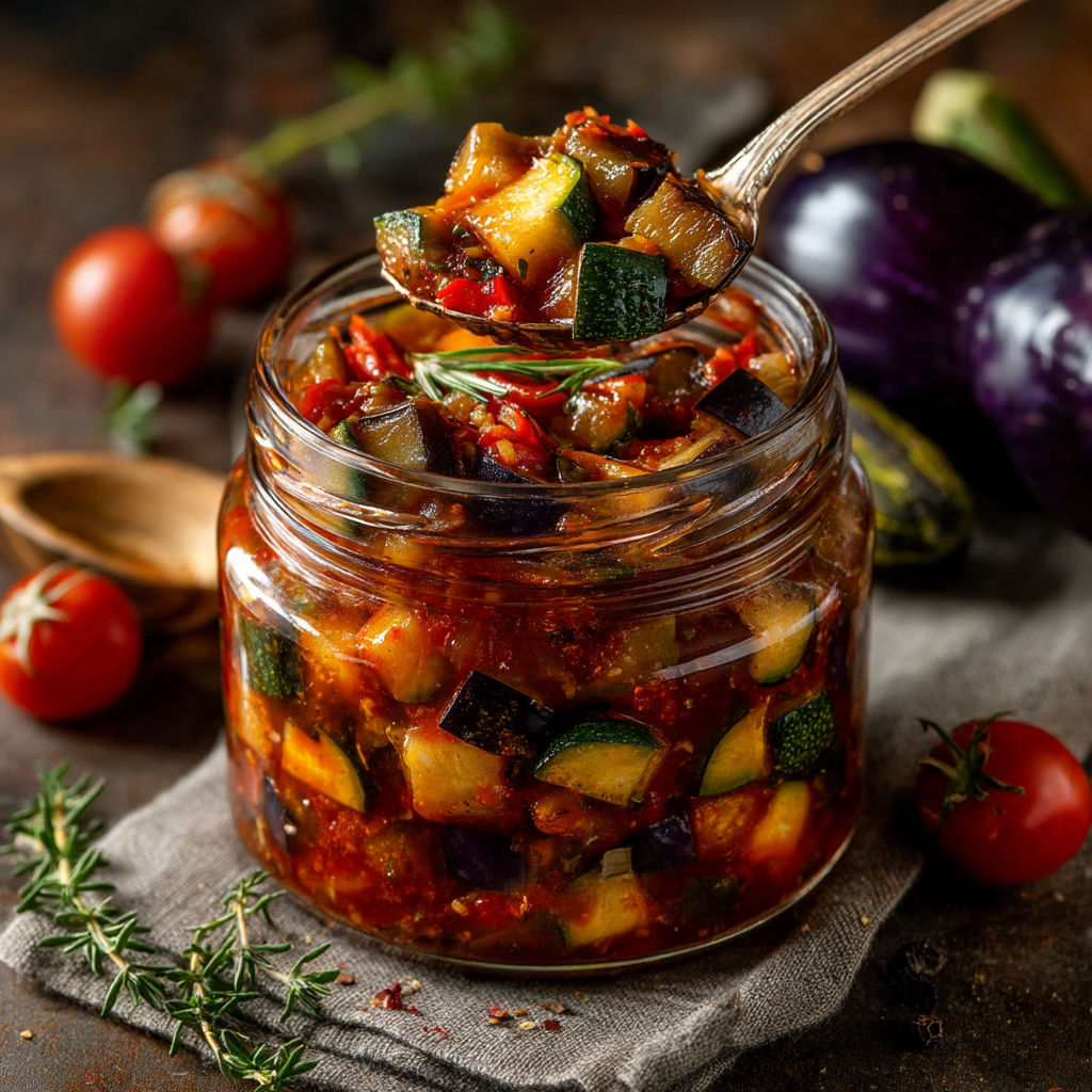 Un pot de riste d'aubergines maison.