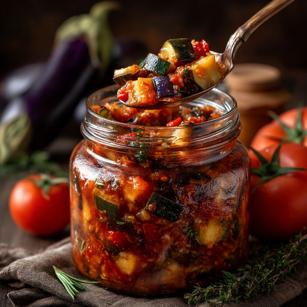 Une jarre contenant des légumes verts et des tomates.