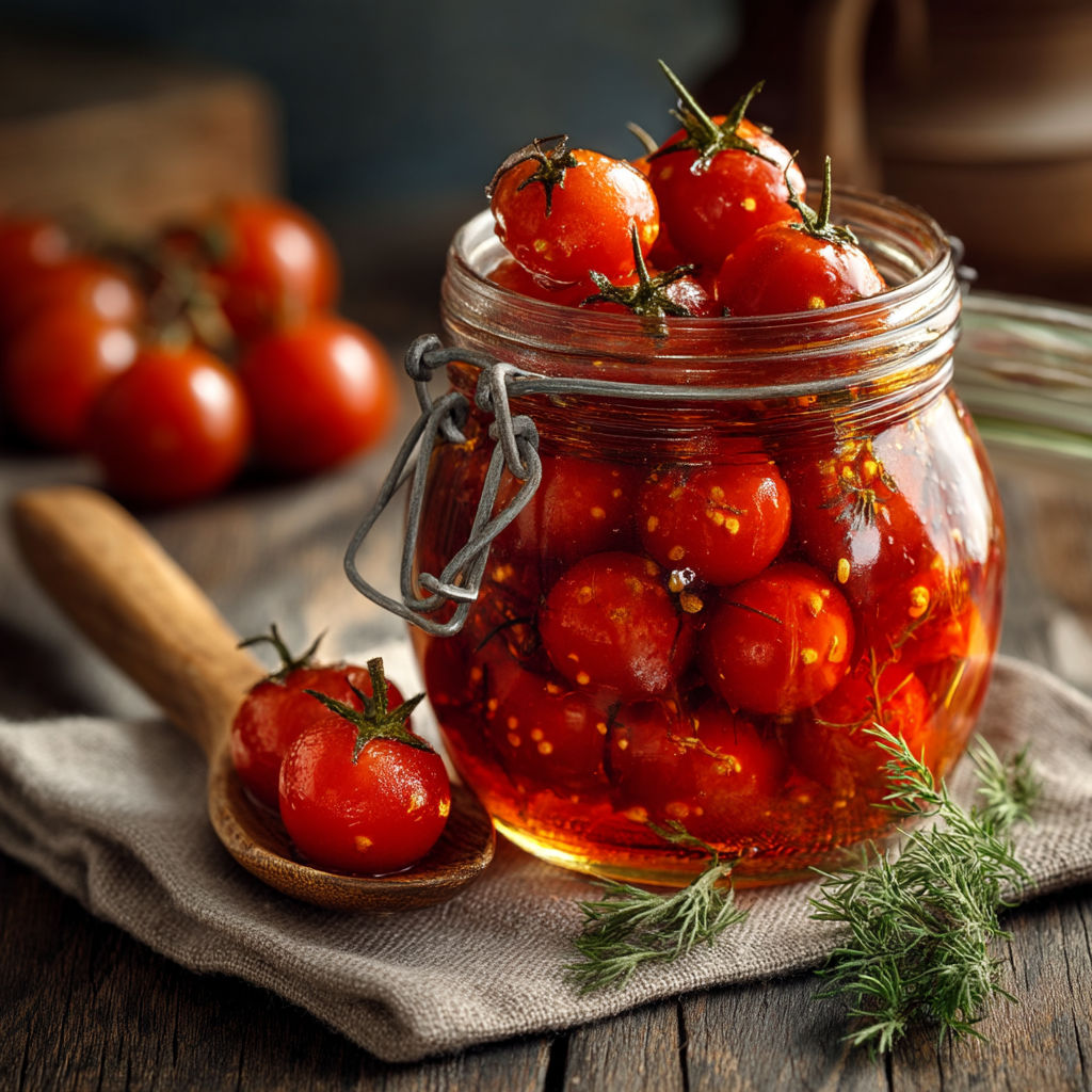 Un vase rempli de tomates cerises en saumure.