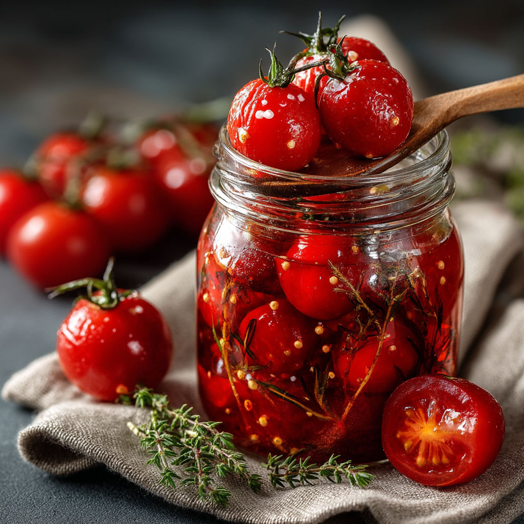 Un vase rempli de tomates et de herbes.