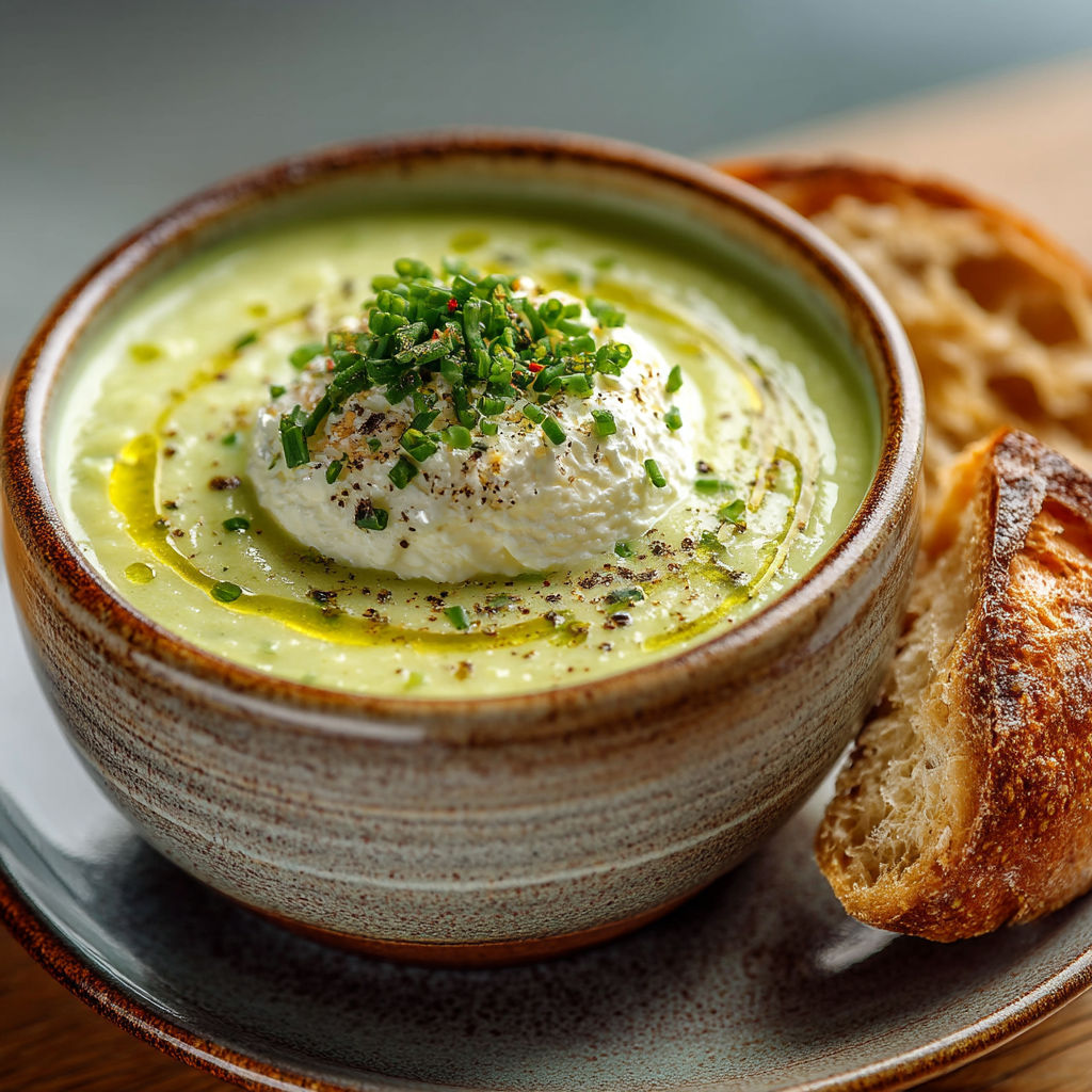 Une baguette de pain grillé et une soupe de courgette.