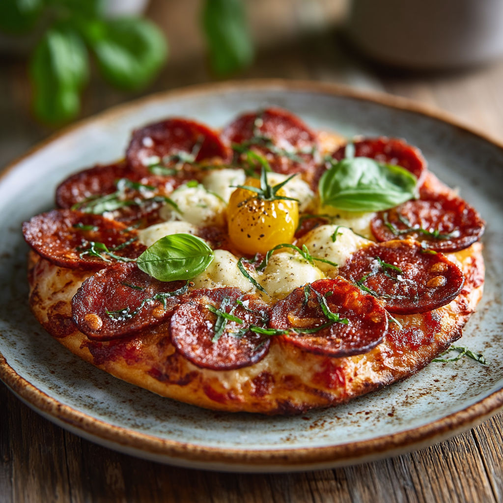 Une pizza avec des légumes et une omelette.