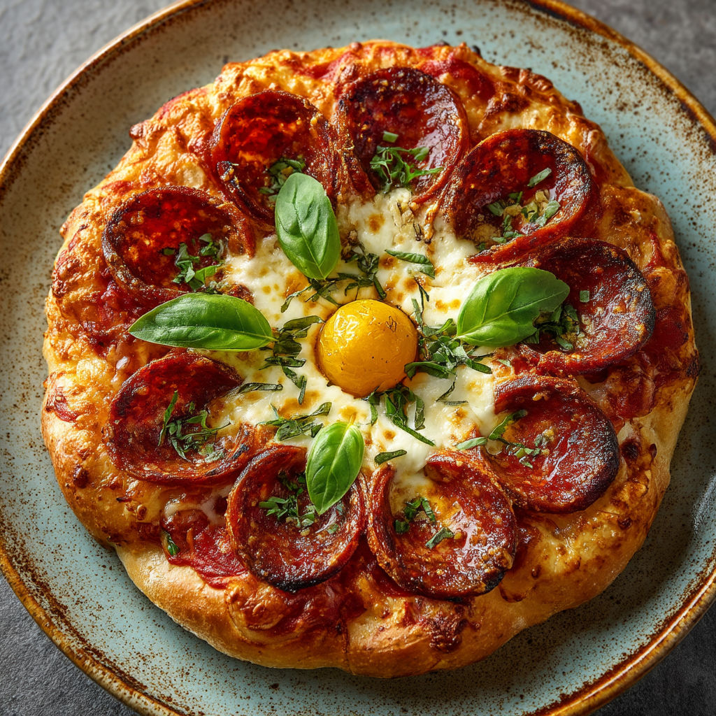 Une pizza avec des oignons et des épinards.