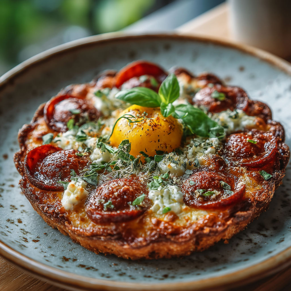 Une pizza avec des oeufs et des herbes.