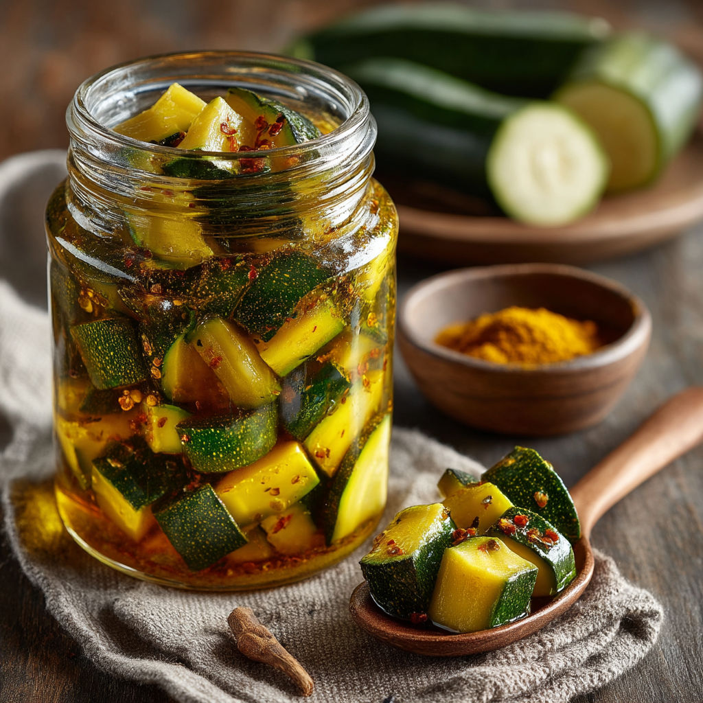Un vase rempli de courgettes aigre-douces au curry.