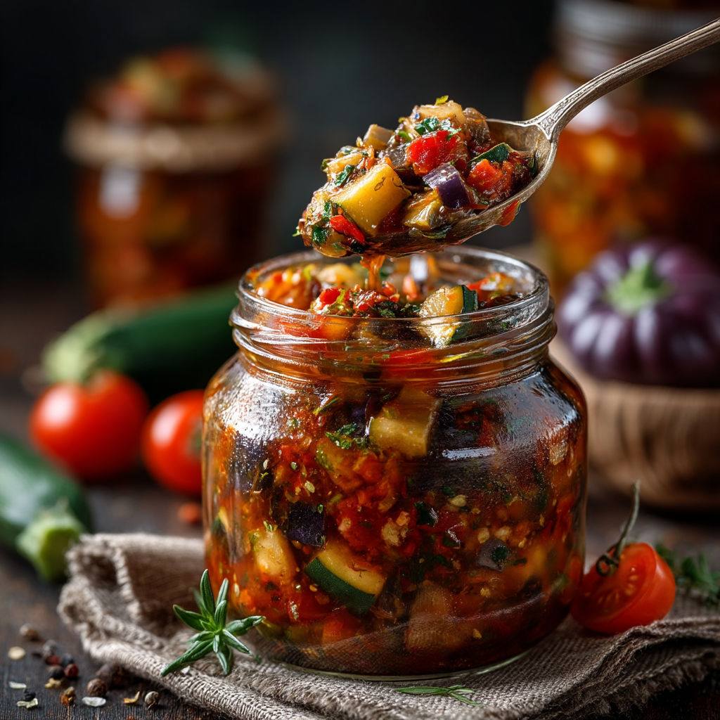 Une cuillère de sauce est versée dans un vase rempli de légumes.
