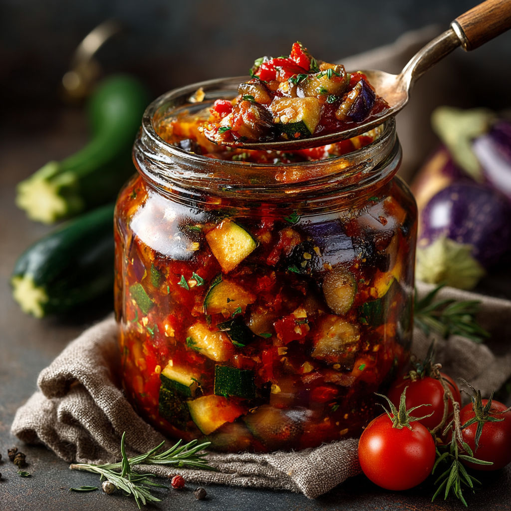 Un pot de conserve de tomates et de courgettes.