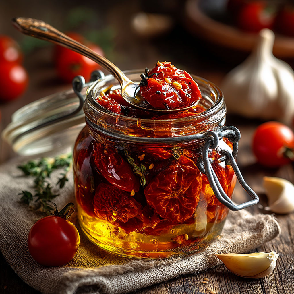 Un vase rempli de tomates cerises séchées confites à l'huile d'olive.