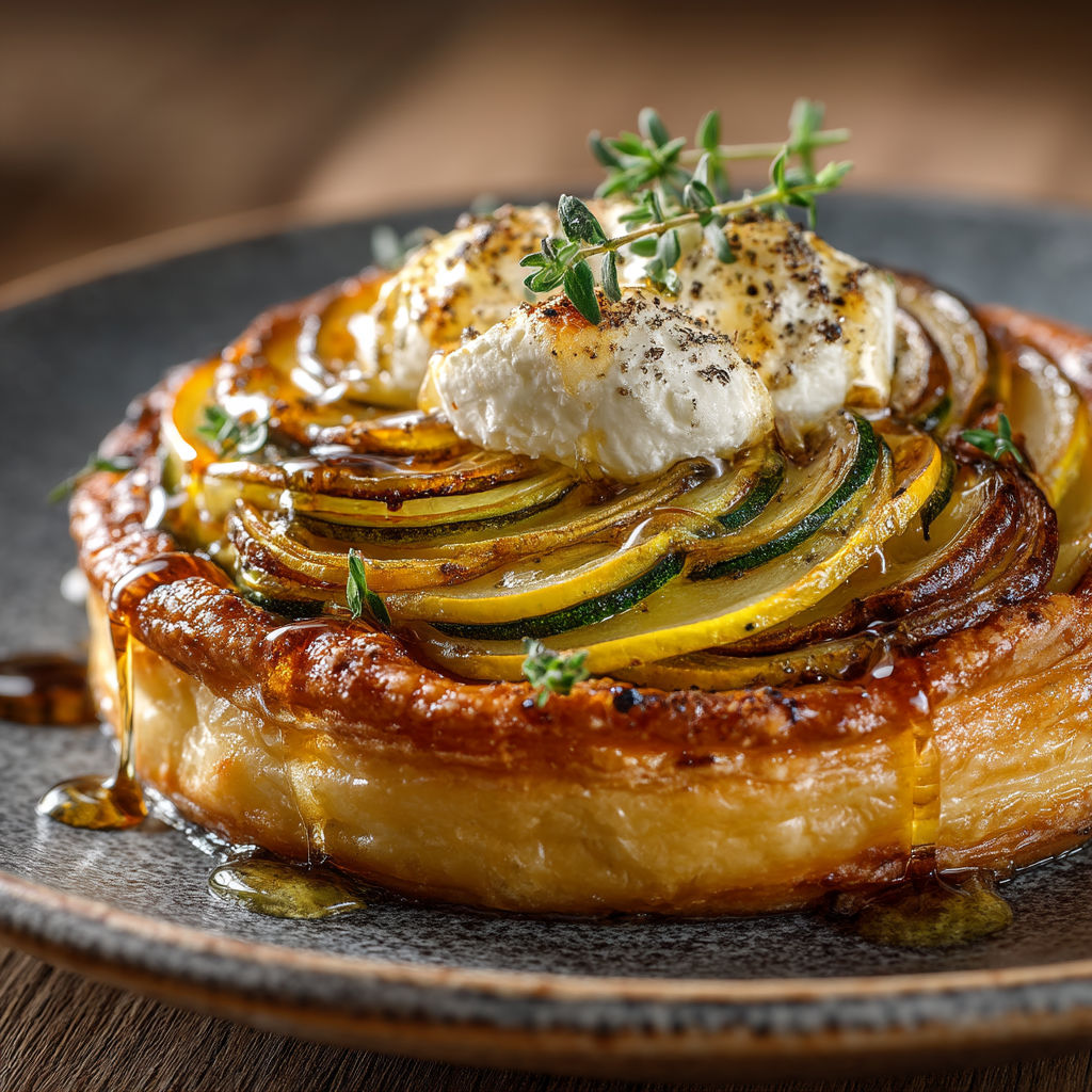 Une tartelettes tatin de courgettes au chèvre.