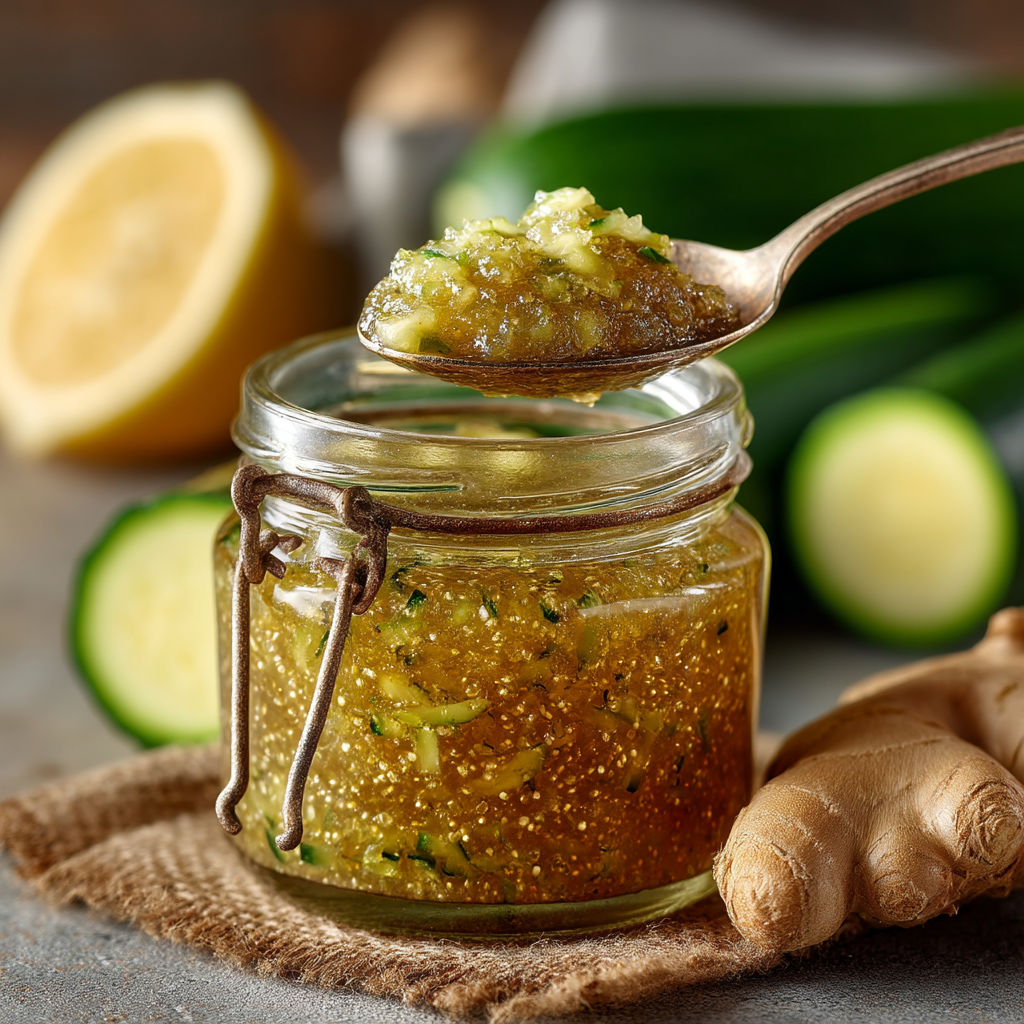 Une petite cuillère en métal contenant une sauce faite de courgettes et de gingembre.