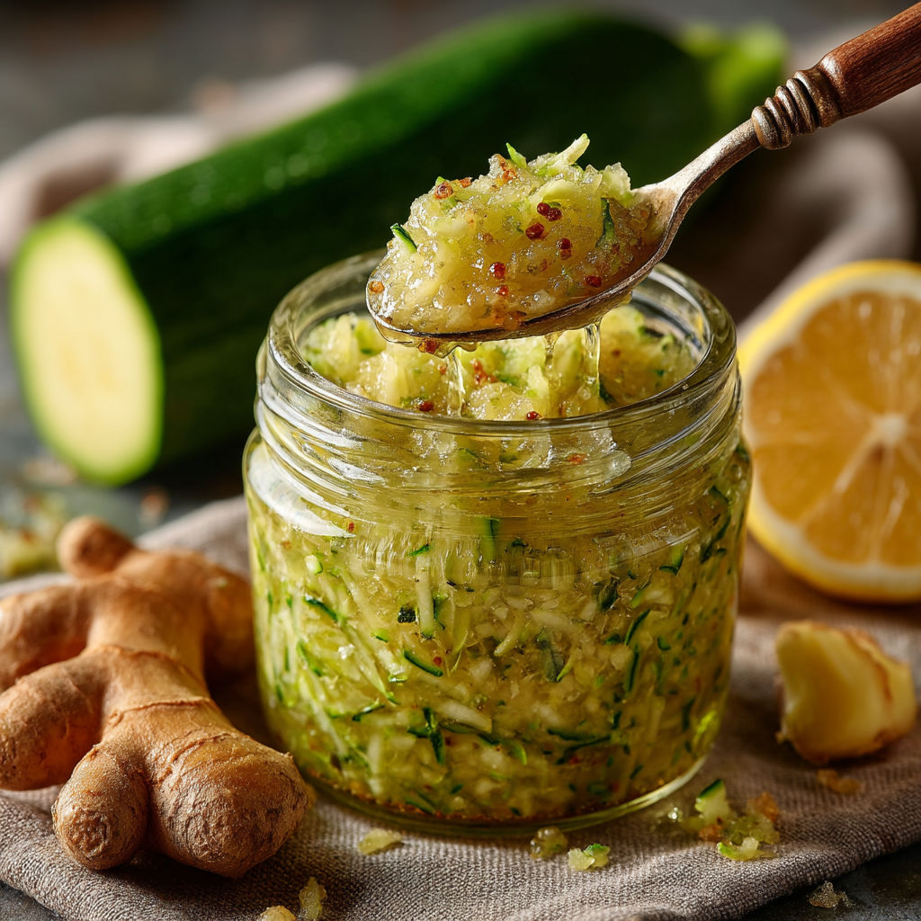 Une cuillère de sauce est dans un vase rempli de légumes verts.