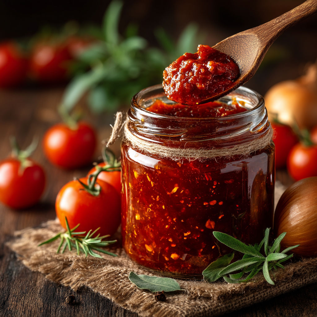 Une cuillère de sauce tomate est sur une assiette de tomates.