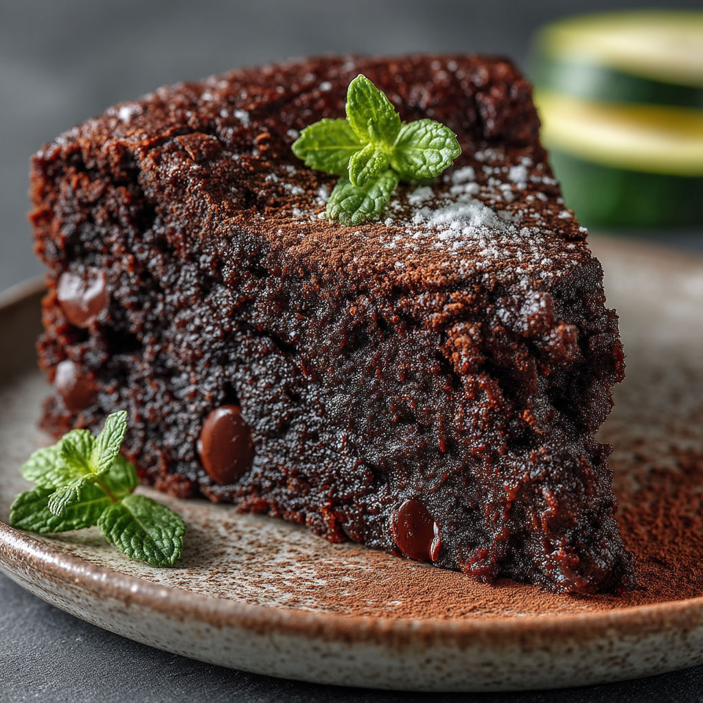 Une tranche de gâteau au chocolat avec des herbes vertes.