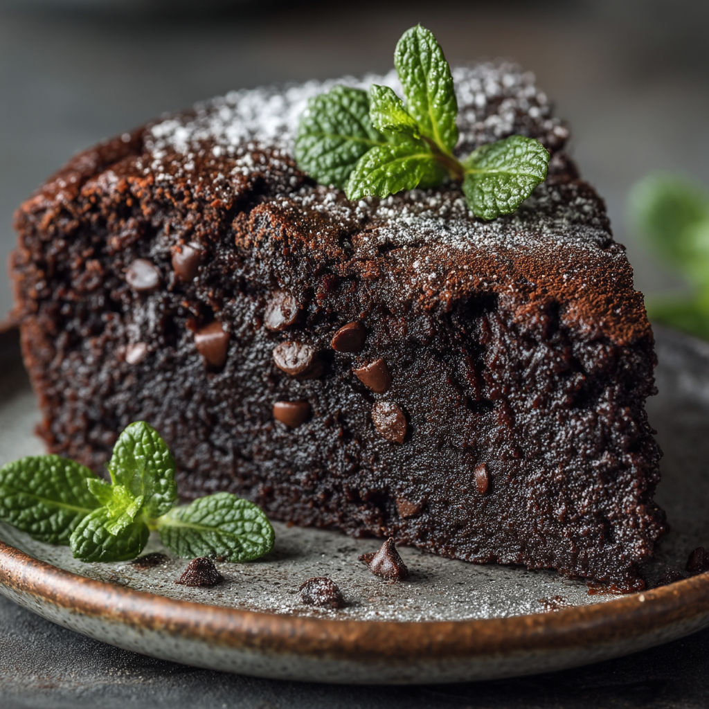 Une portion de gâteau de chocolat avec des feuilles de menthe sur un plateau.