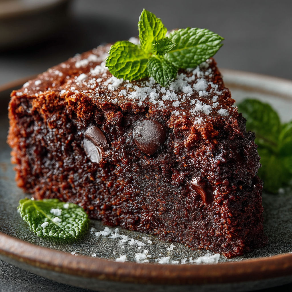 Une portion de gâteau de chocolat avec des herbes fraîches sur un plateau.
