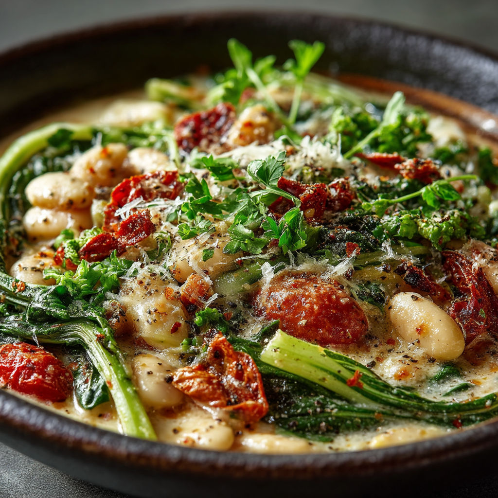Une casserole de légumes et de viande avec des légumes verts et des herbes.